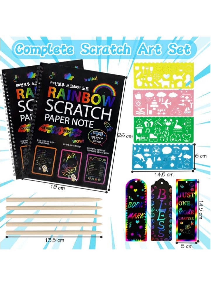 A scratch drawing notebook, featuring colorful magic scratch-off paper for children aged 3 to 12. The set includes drawing pads filled with vibrant colors that can be scratched off, making it ideal for arts, crafts, and creative activities. - Image 3